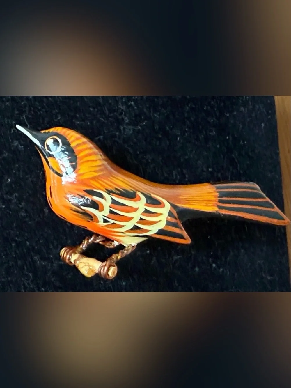Vintage Takahashi Style Carved Wood Hand Painted Brooch Pin Bird